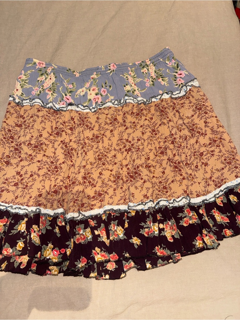 Vintage Y2K Avatar Bohemian Floral Tiered Mini Skirt in Blue, Tan, and Black